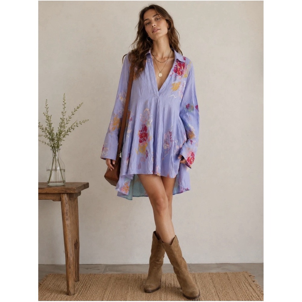 Free People Lavender Floral V-Neck Tunic